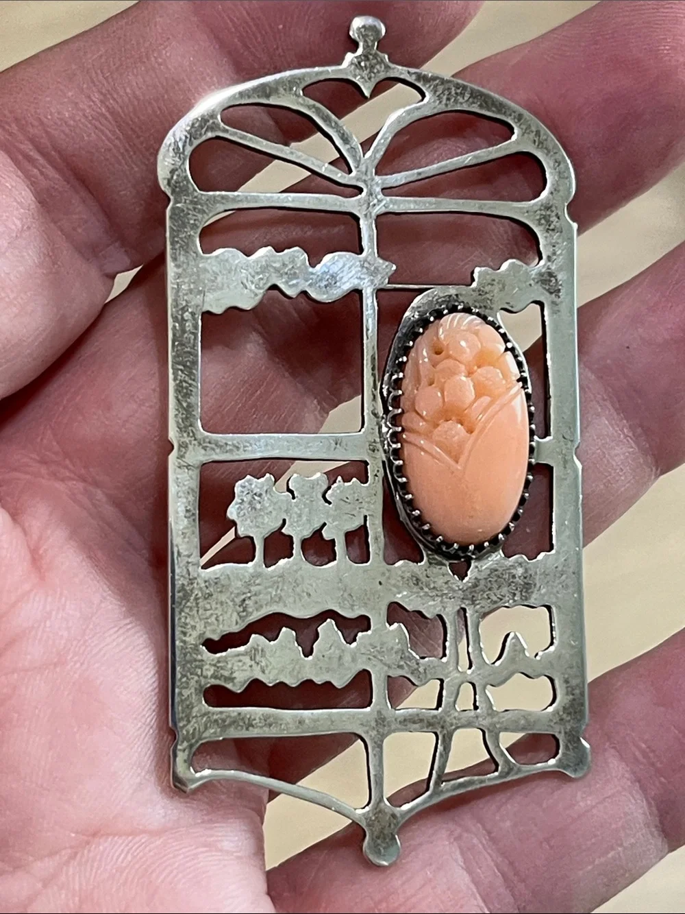 Vintage art nouveau sterling silver brooch with floral carving